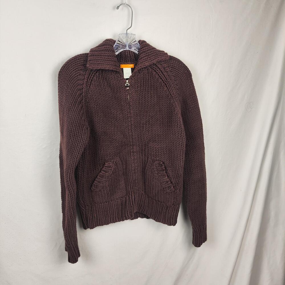 J.Crew Sweater Womens Medium Brown Chunky Knit Full Zip Collared Pockets Raglan